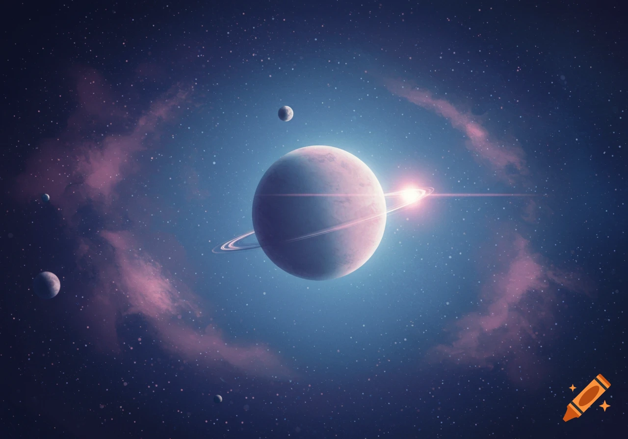 A ringed planet with a bright lens flare and several moons against a starry, blue-purple nebula in space.