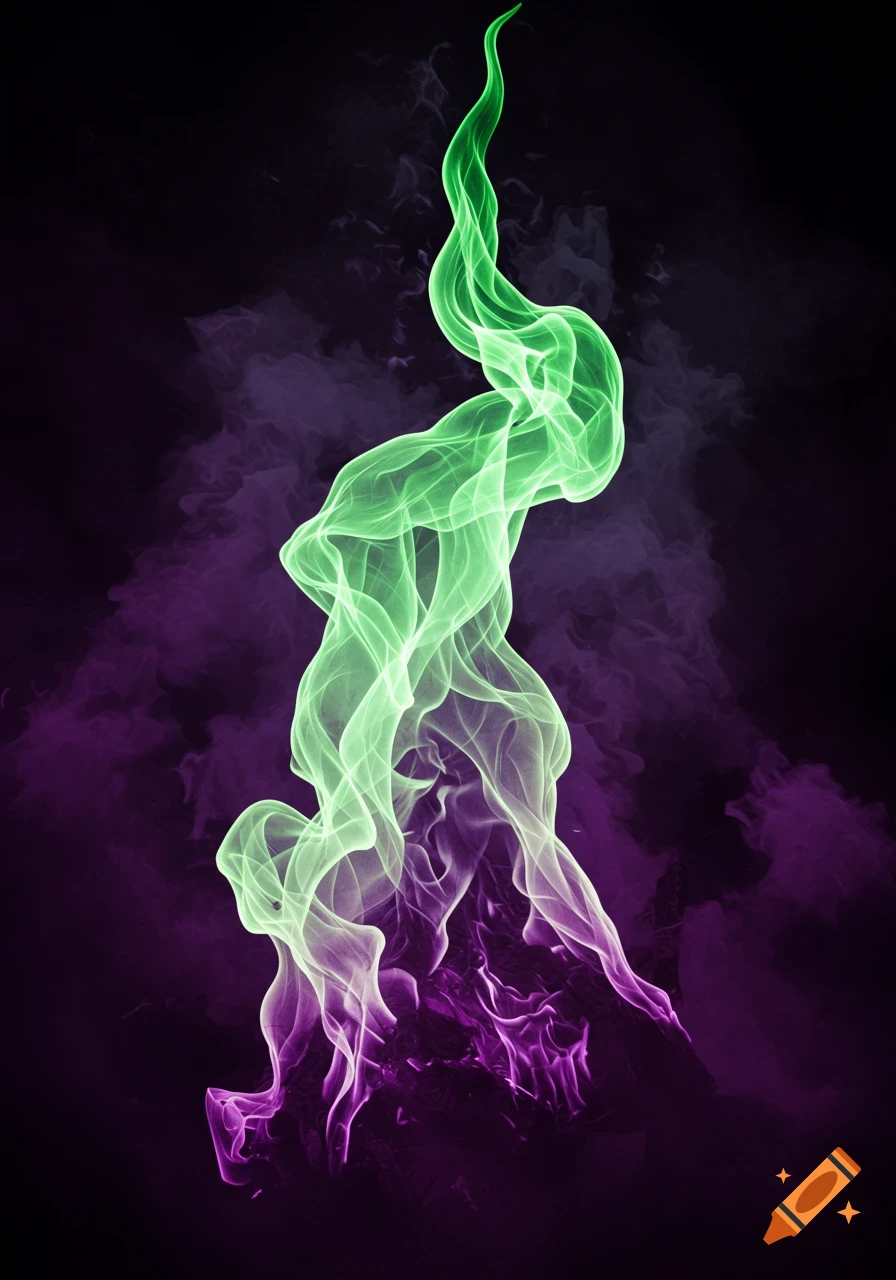 Vibrant green and purple smoke or fire swirls against a dark background.