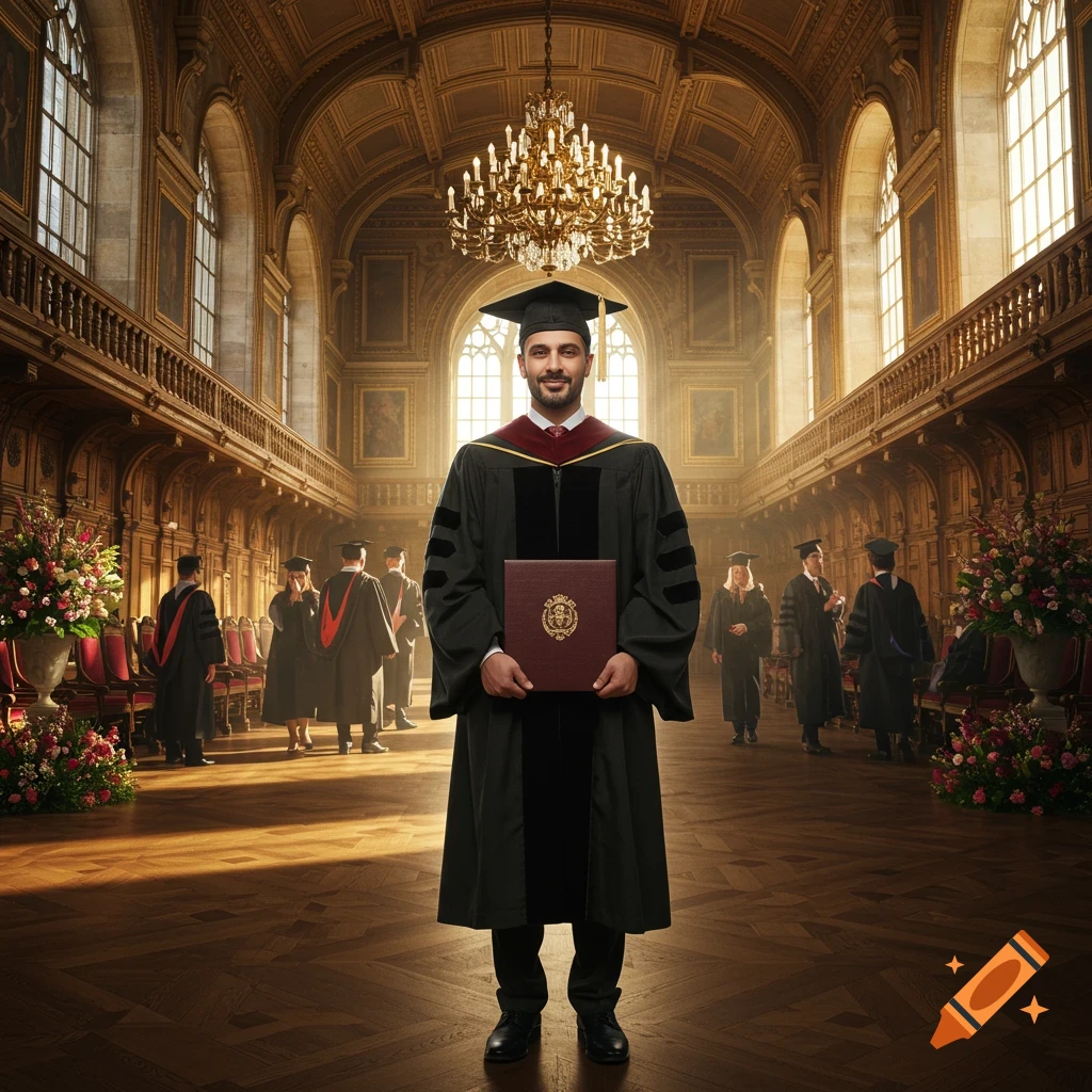 A man in a black graduation gown and cap stands holding a diploma in a grand, ornate hall with high ceilings, chandeliers, and large windows. Other graduates are visible in the background.