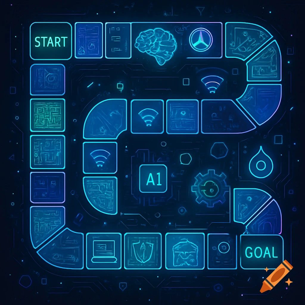 Digital neon board game with START and GOAL cells, featuring tech icons like a brain, wifi, and a gear on a dark circuit background.