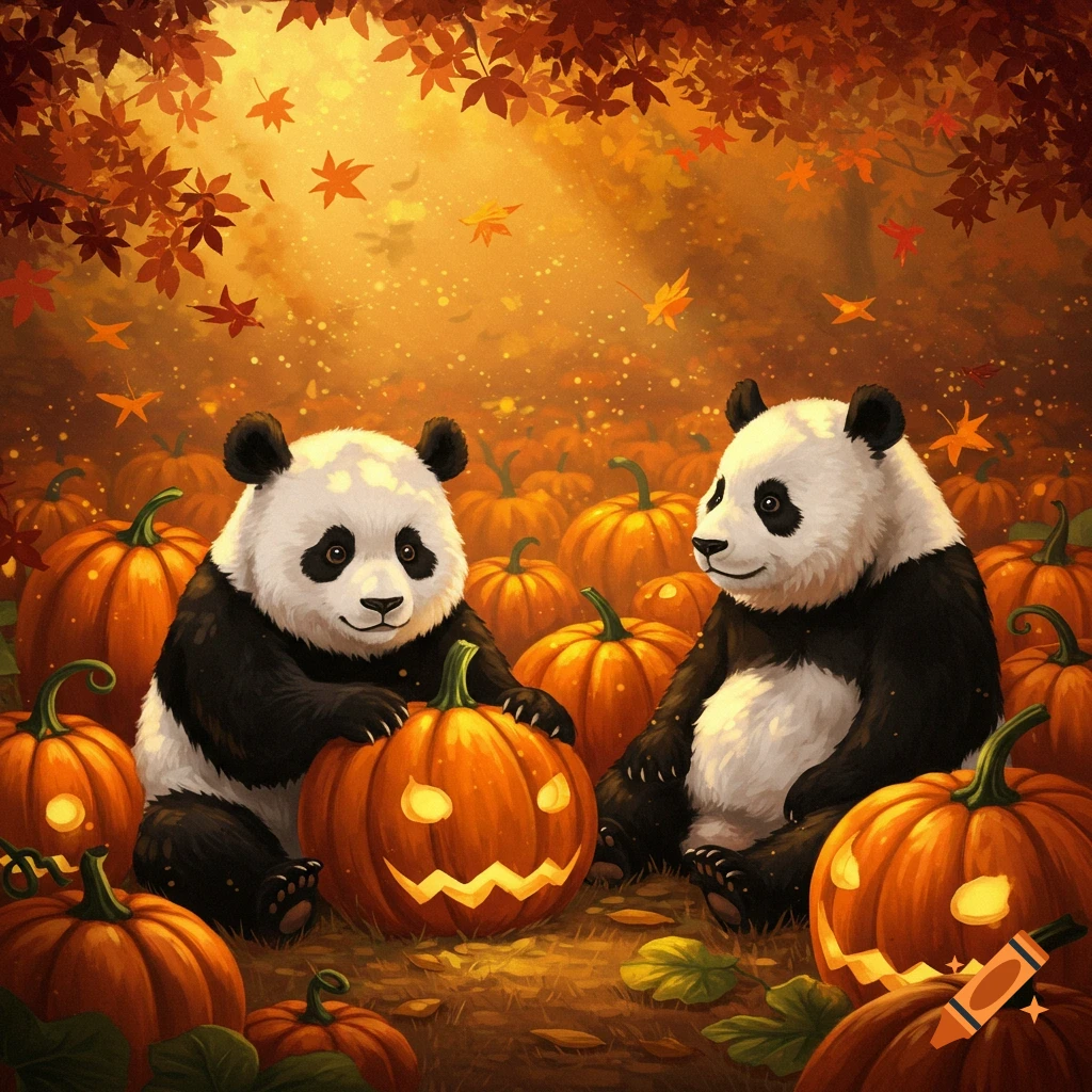 Two cartoon pandas sit among many glowing jack-o'-lantern pumpkins under falling autumn leaves, bathed in warm, golden light.