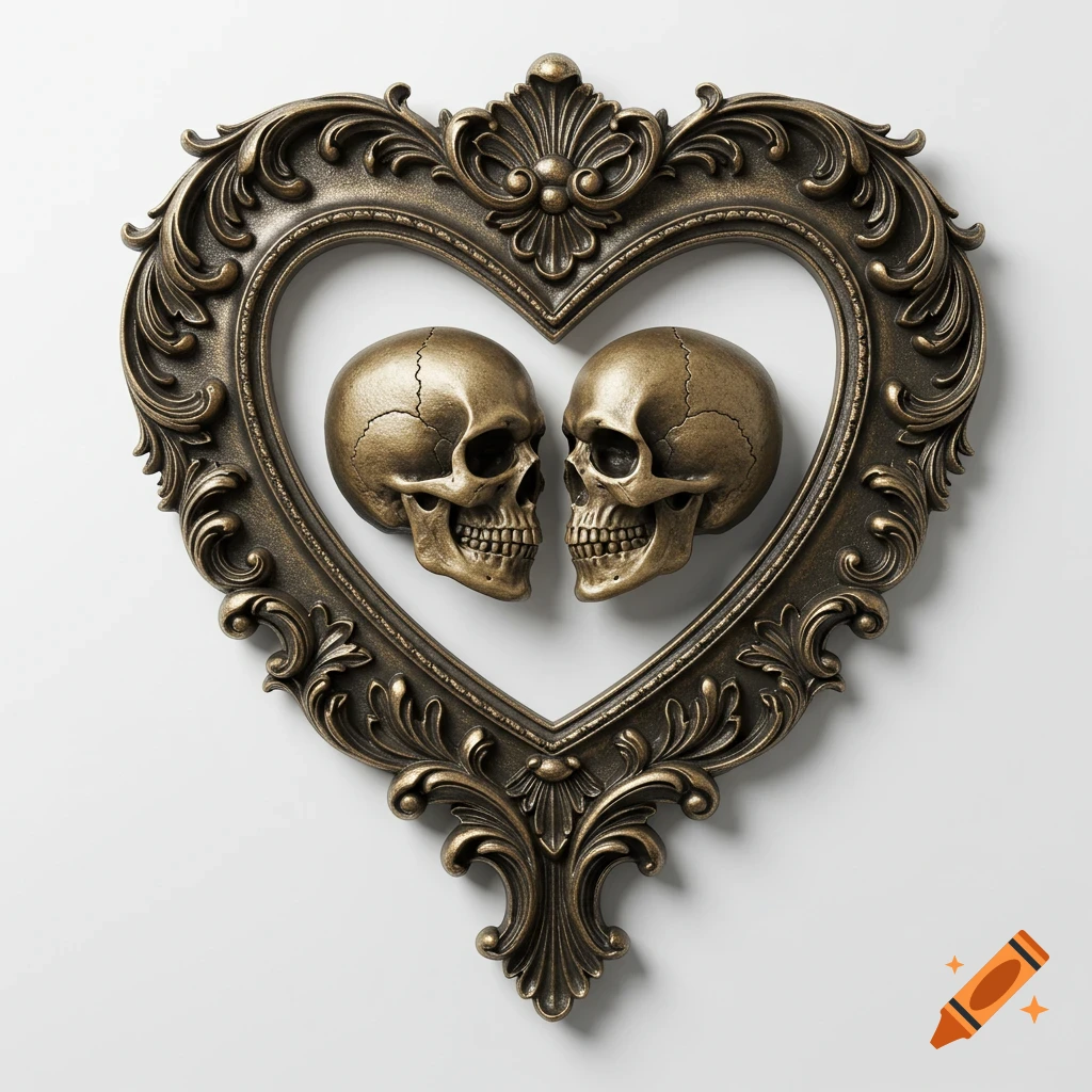 Two bronze skulls face each other within an ornate heart-shaped frame on a white background.