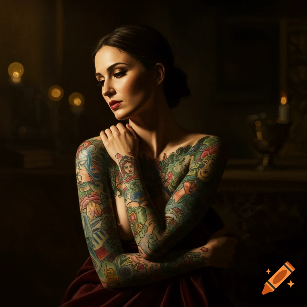 A woman with colorful full-arm and chest tattoos in dramatic chiaroscuro lighting, in an oil painting style.