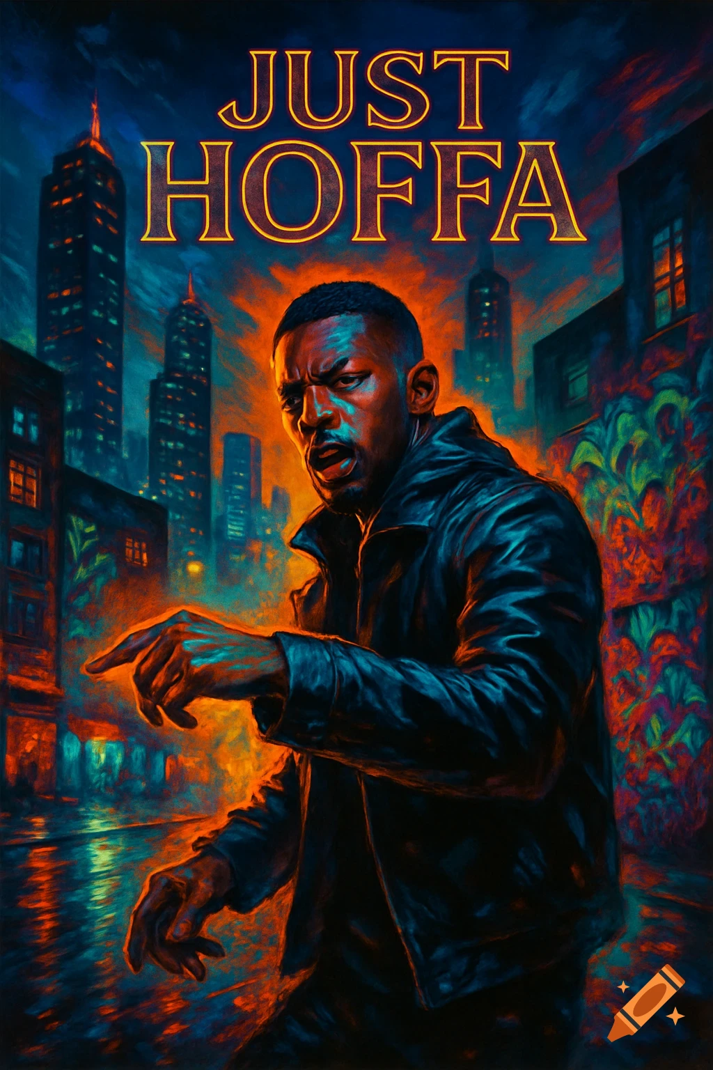 A man in a leather jacket points forward intensely against a vibrant, stylized city night, with 'JUST HOFFA' text.