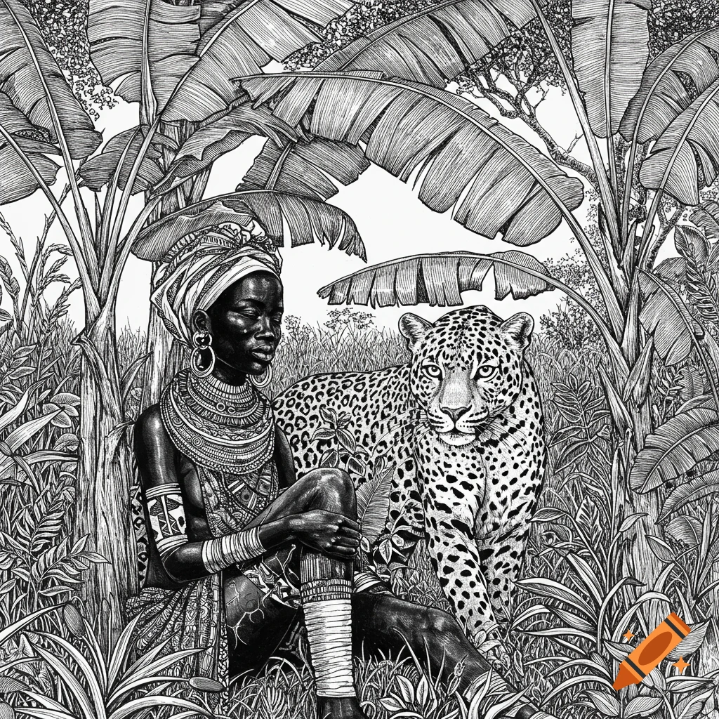 Black ink drawing of an African tribal woman in traditional attire, eyes closed, sitting under banana trees with a leopard nearby.