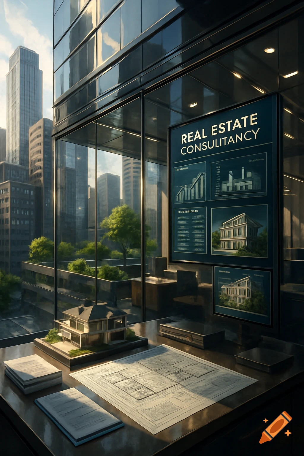 Modern office interior with an architectural model, blueprints, and a screen displaying 'REAL ESTATE CONSULTANCY' with city views.