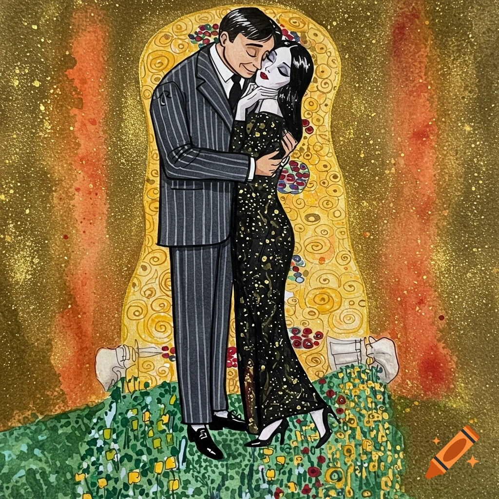 Illustration of Gomez and Morticia Addams in a Klimt-inspired embrace, with pen lines and watercolor textures.