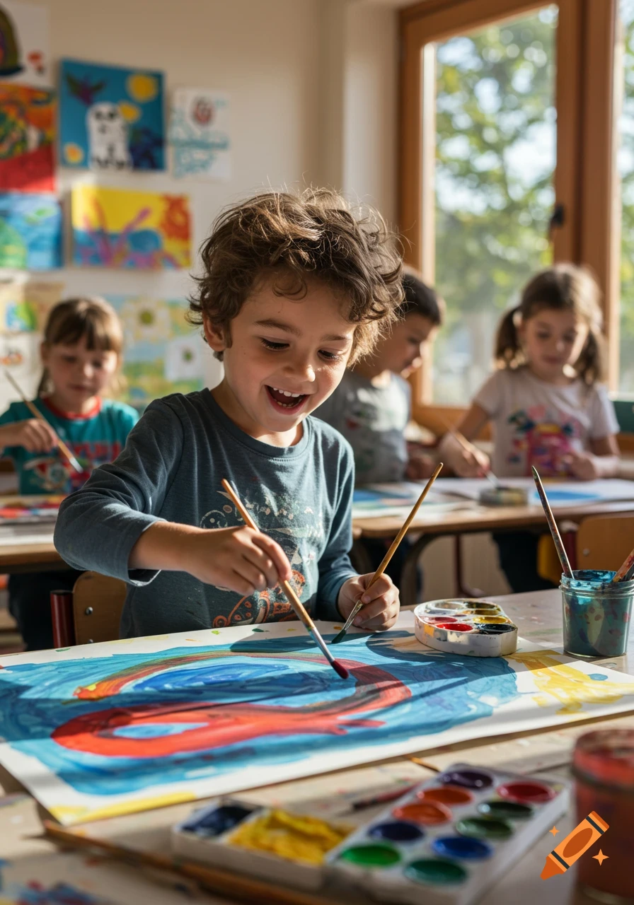 Happy young boy smiling while painting a colorful picture with watercolors in an art class with other children.