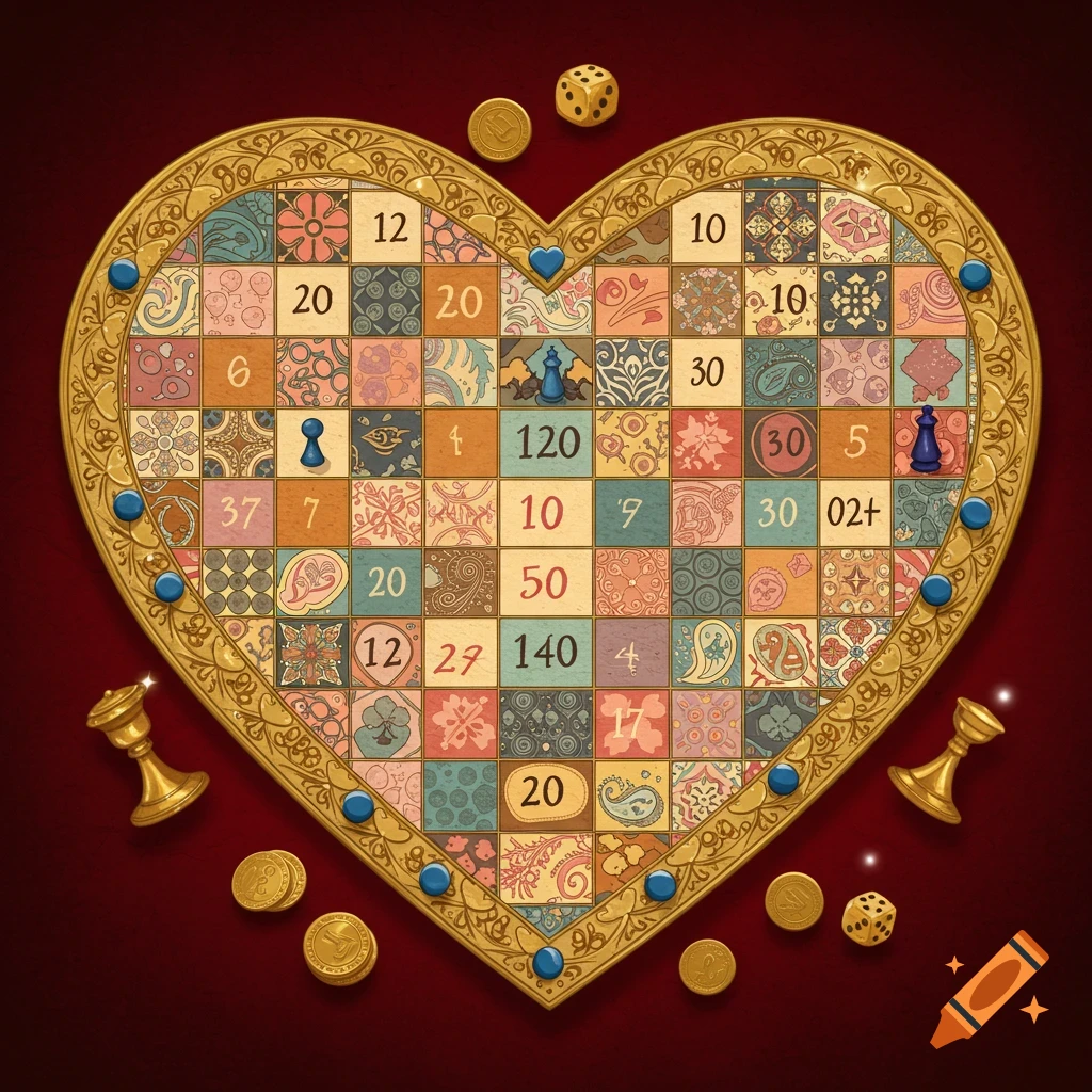 A heart-shaped game board with patterned squares, numbers, game pieces, dice, and gold coins on a red surface.