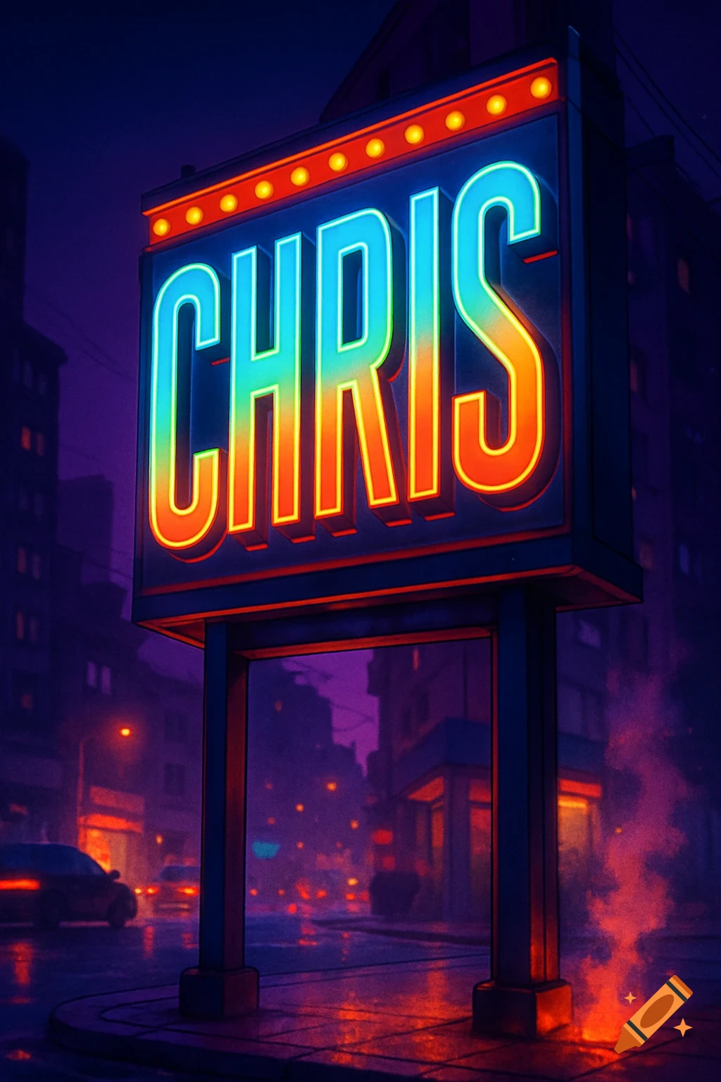 A vibrant neon sign displaying the name 'CHRIS' illuminates a rainy city street at night, with a retro-futuristic aesthetic.