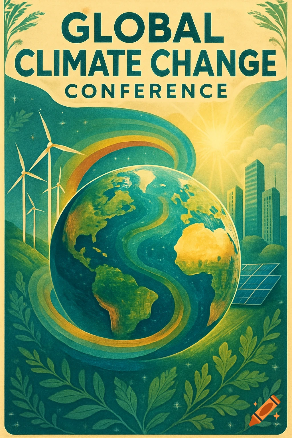 A vintage-style poster for a Global Climate Change Conference, featuring Earth, wind turbines, a city, solar panels, and a sun with a rainbow, surrounded by green leaves. Text reads "GLOBAL CLIMATE CHANGE CONFERENCE".