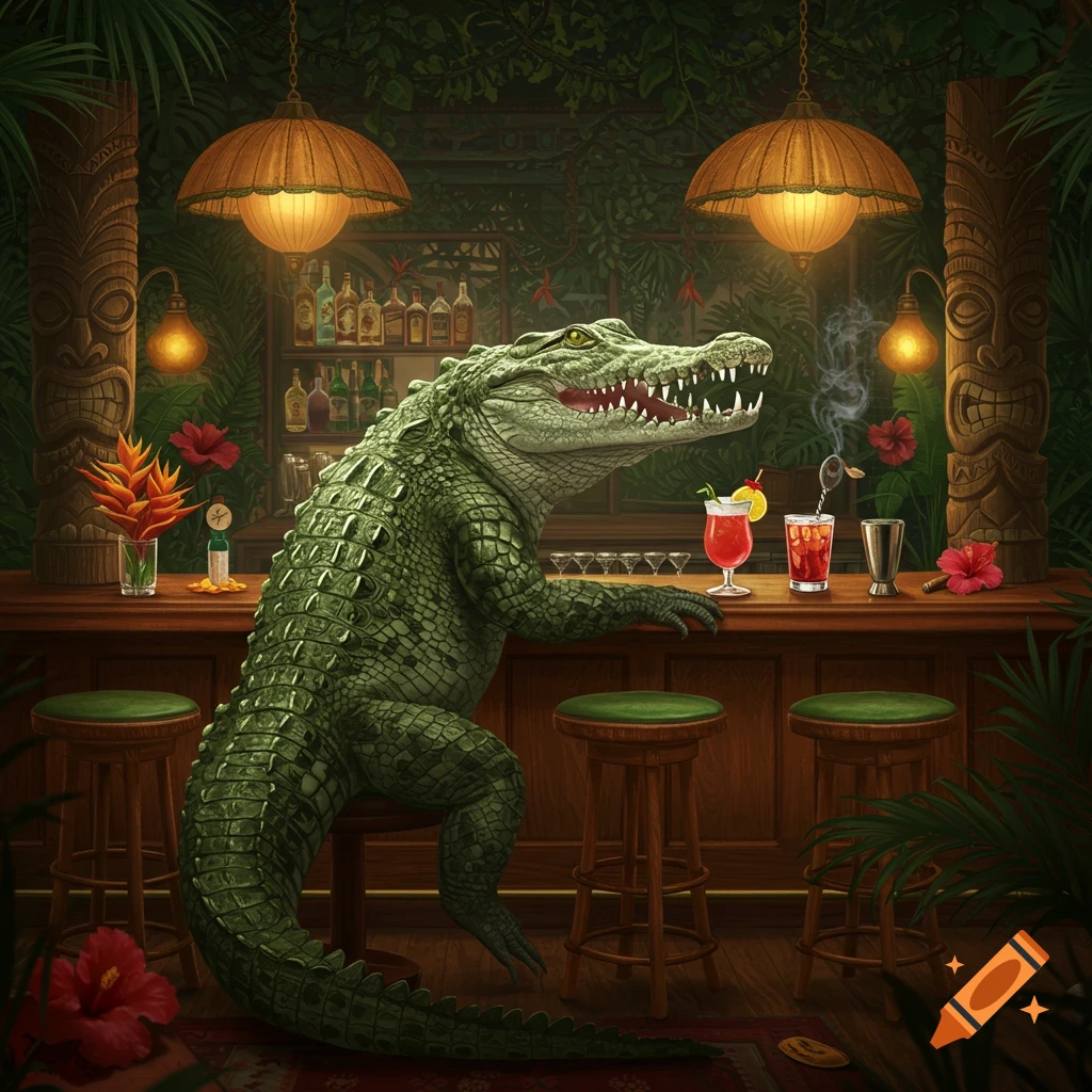 A large, anthropomorphic green crocodile sits on a barstool at a tropical bar, with cocktails and a cigar on the counter.