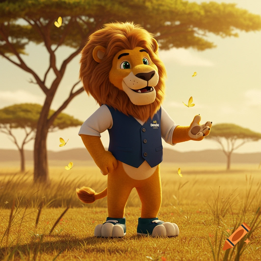 A friendly animated lion mascot in a blue vest stands in a sunny savanna with acacia trees and butterflies.