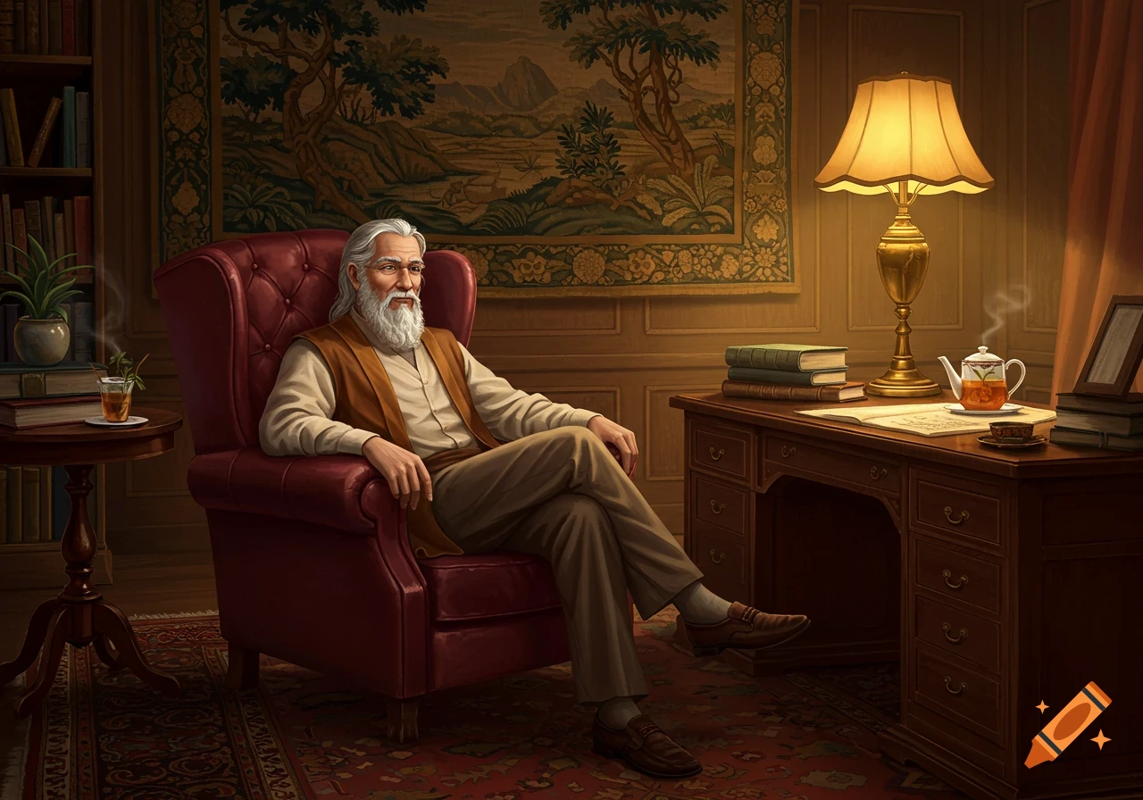 An elderly man with a white beard sits in a red armchair in a richly decorated study, with a desk and books nearby.