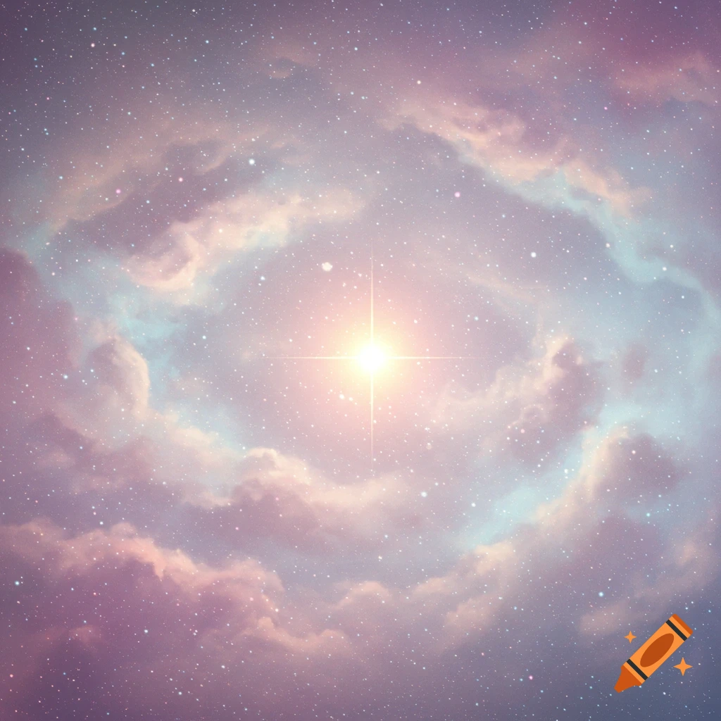 A glowing star at the center of a cosmic cloud, surrounded by countless small stars in shades of purple, pink, and light blue.
