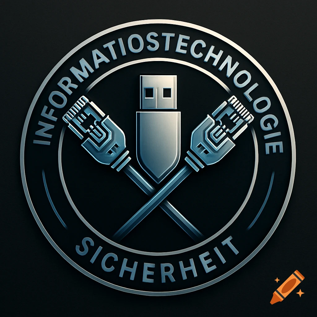 A metallic circular logo featuring a USB stick and two crossed Ethernet cables, with text "INFORMATIONSTECHNOLOGIE SICHERHEIT" in the border.