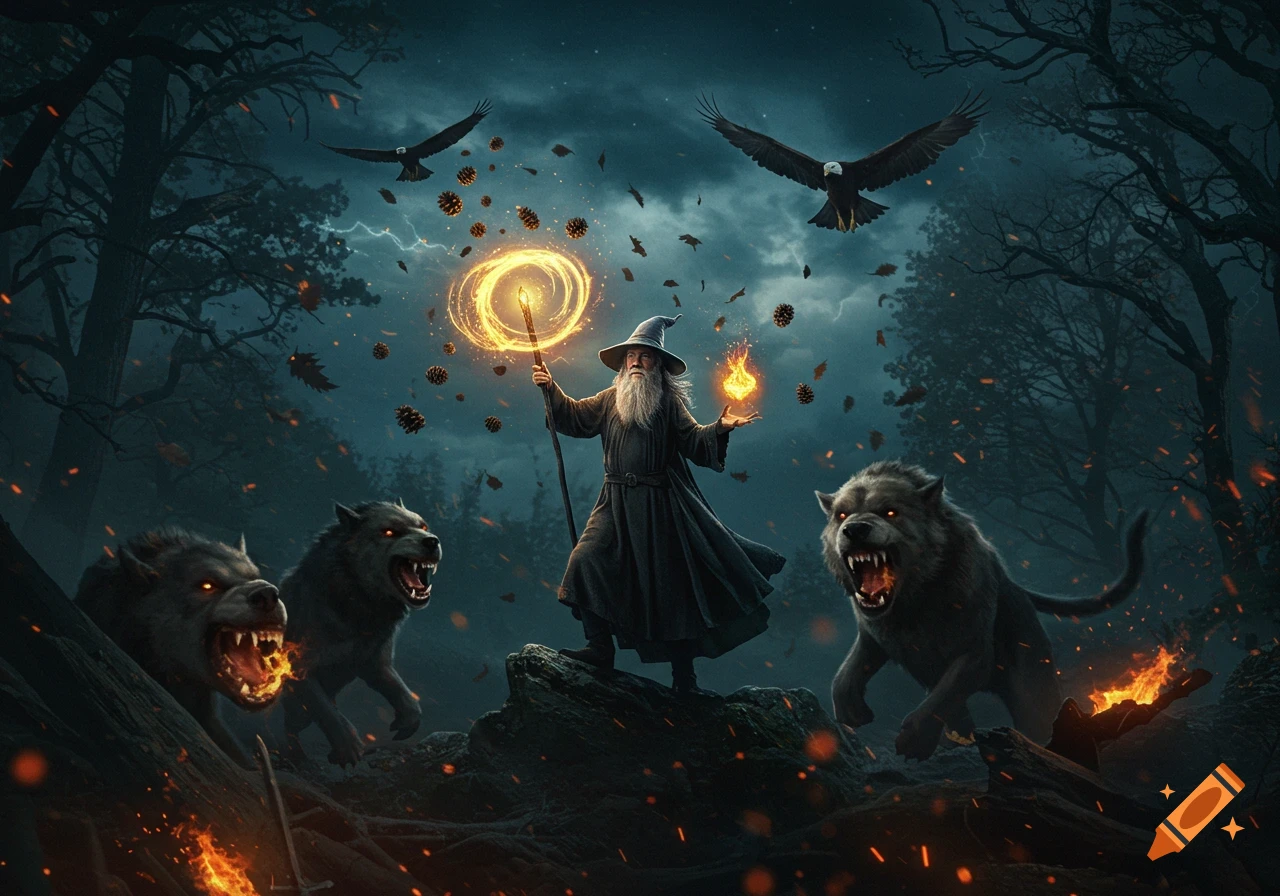 A white-bearded wizard wields a glowing staff, surrounded by roaring wolves with fiery mouths and two eagles flying in a dark, enchanted forest.