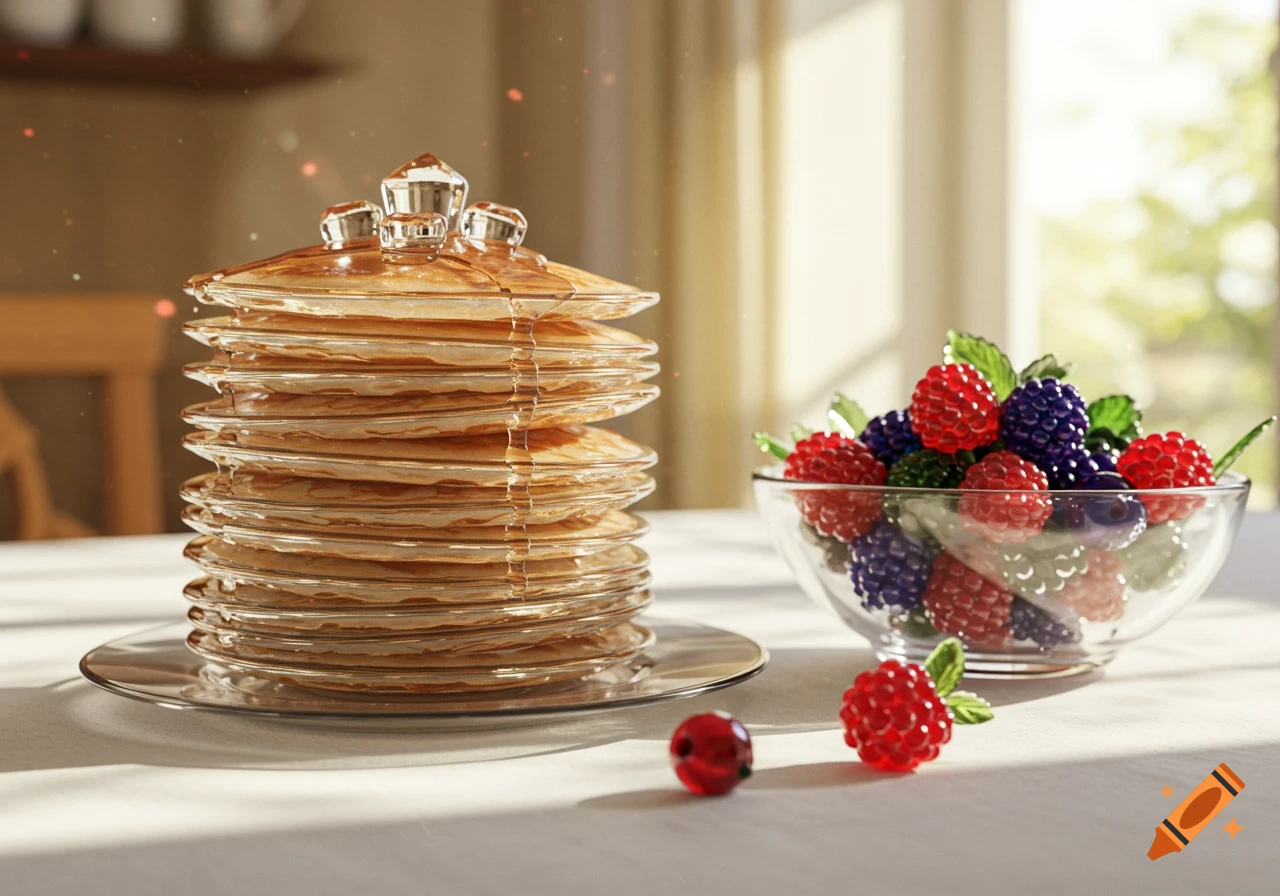 A stack of glass pancakes with glass syrup and a bowl of glass raspberries and blackberries on a table.