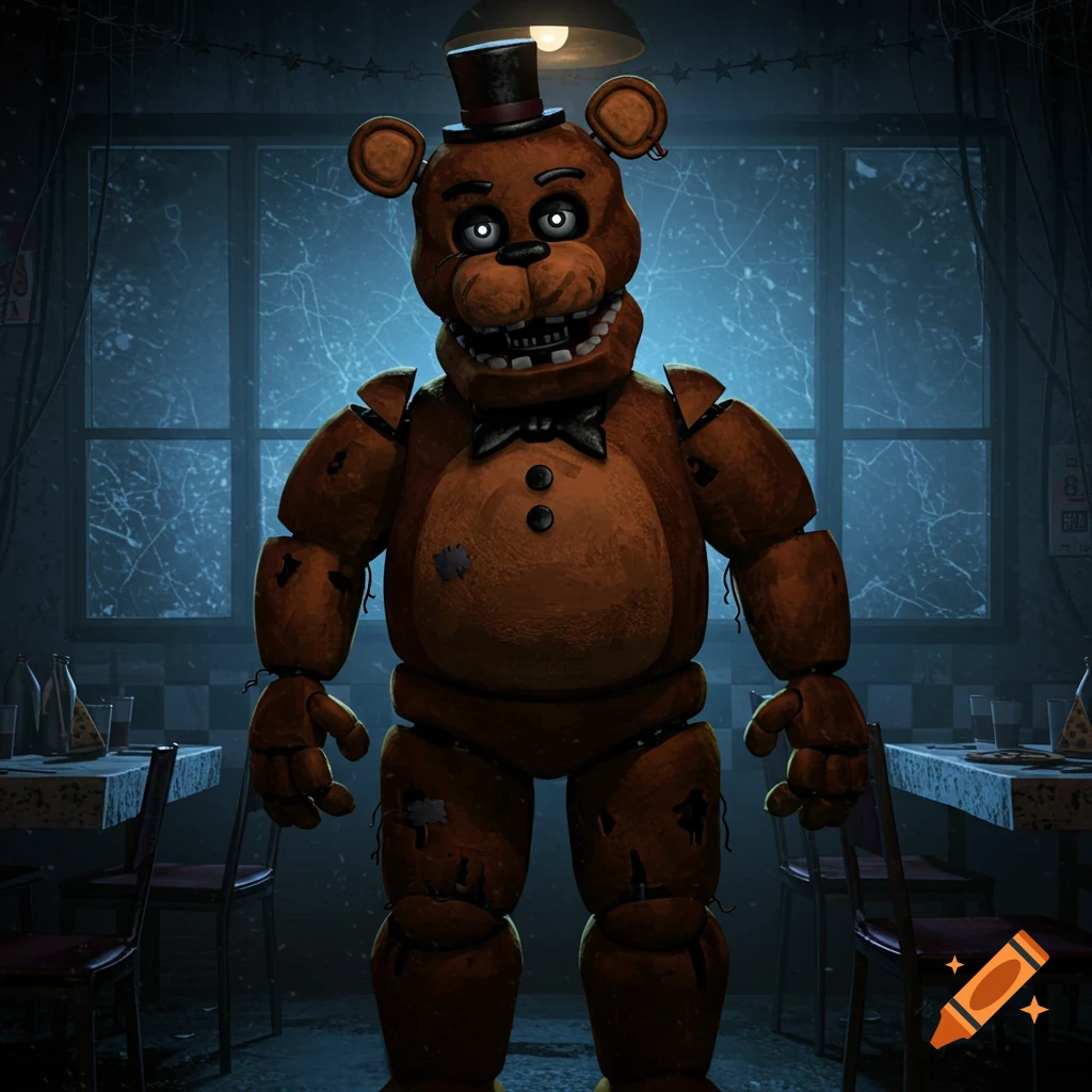Creepy brown animatronic bear, Freddy Fazbear, with a top hat and bowtie, stands in a dark, abandoned pizzeria.