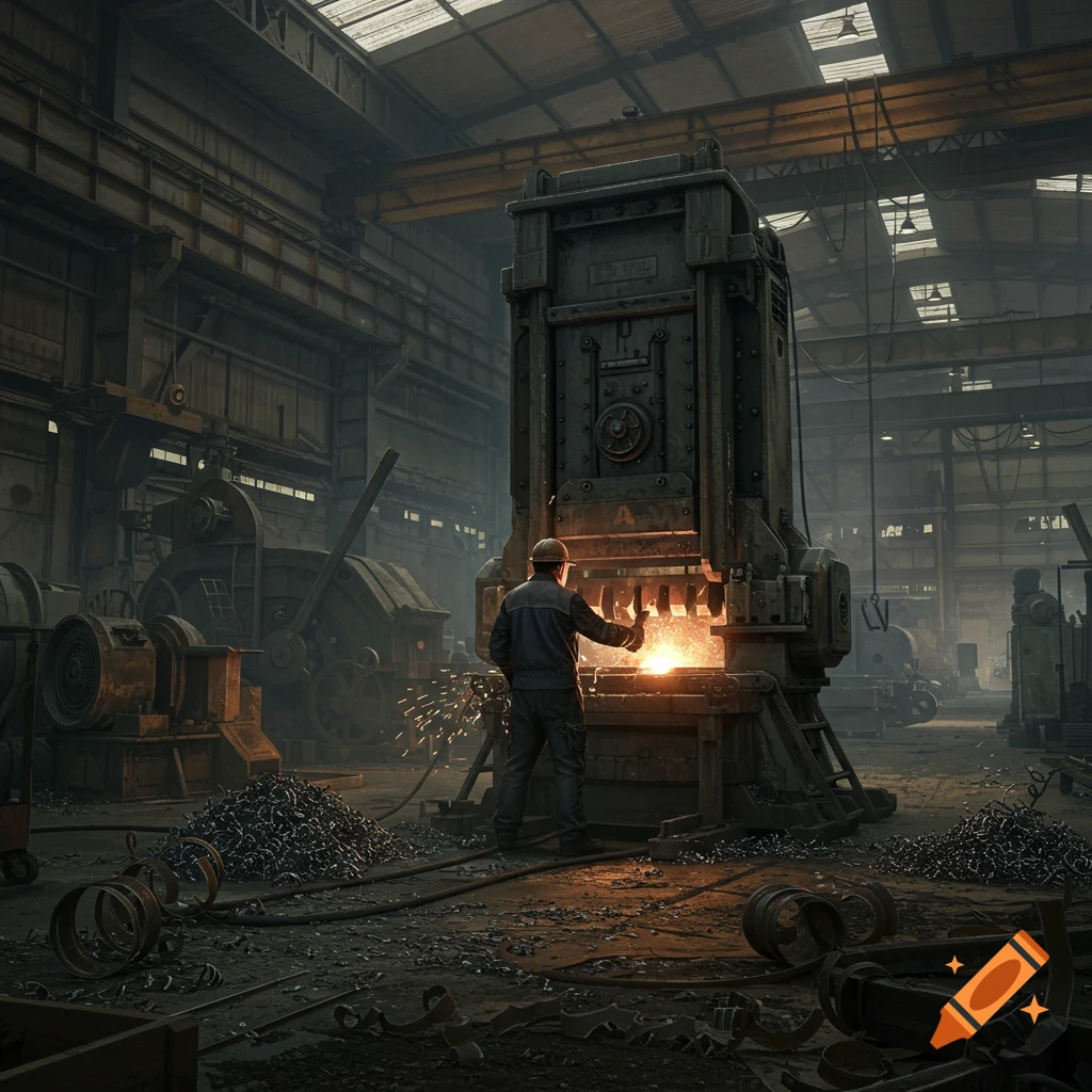 A worker in a hard hat operates a large, glowing metal press in a dimly lit, vast industrial factory filled with machinery.
