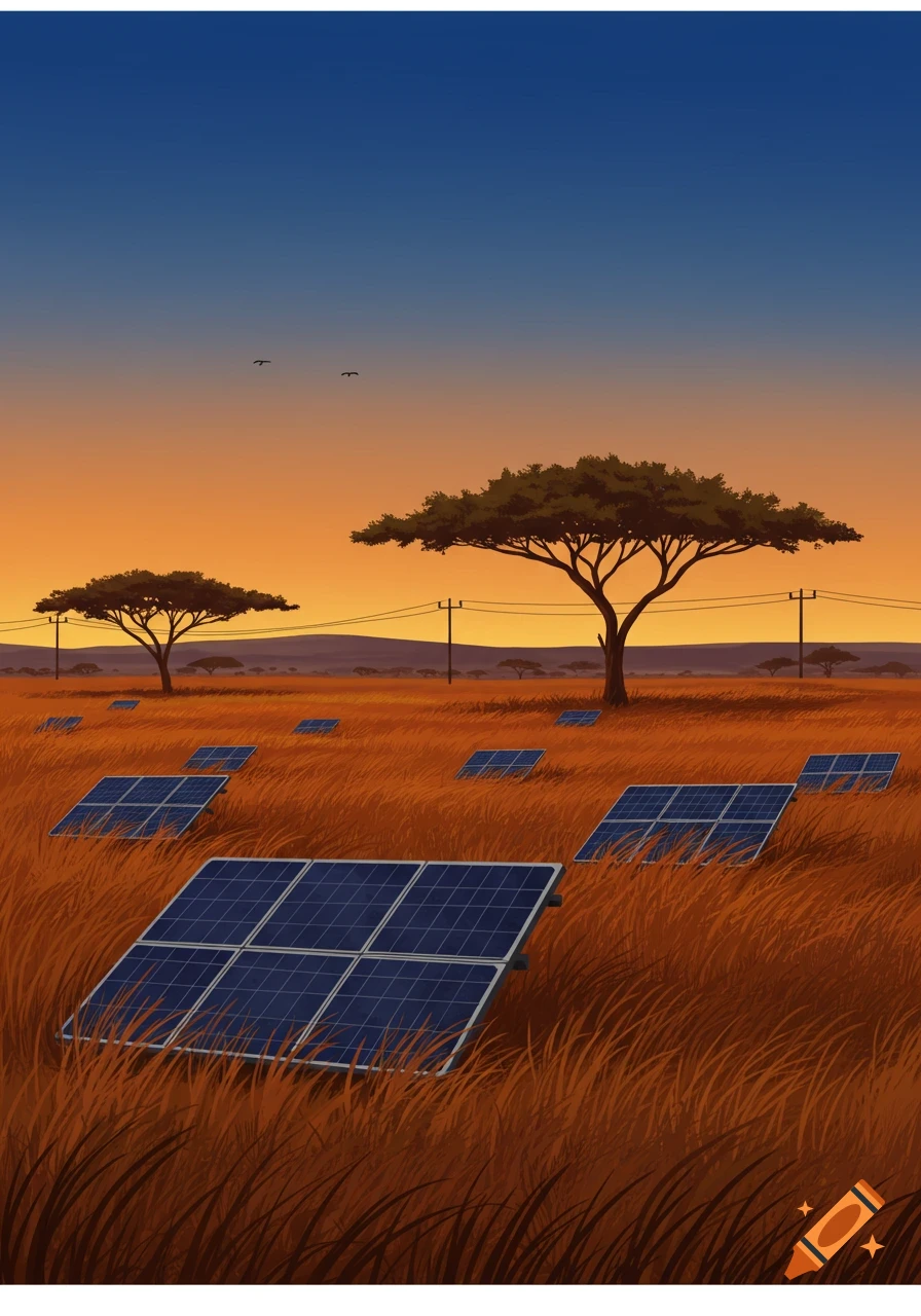 Illustrative African savanna at sunset with solar panels, acacia trees, and power lines.
