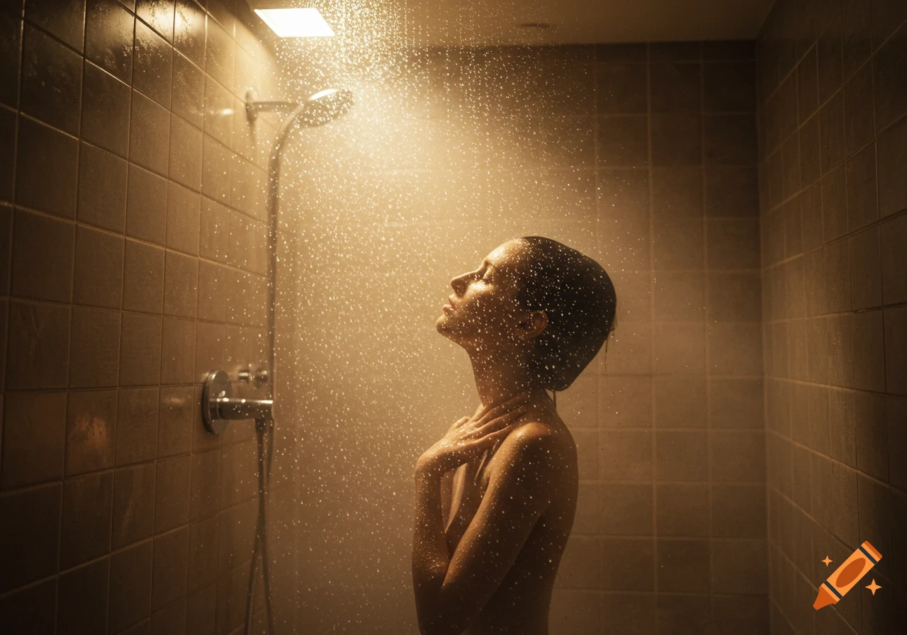A woman with her eyes closed, illuminated by warm light, showering in a tiled bathroom.