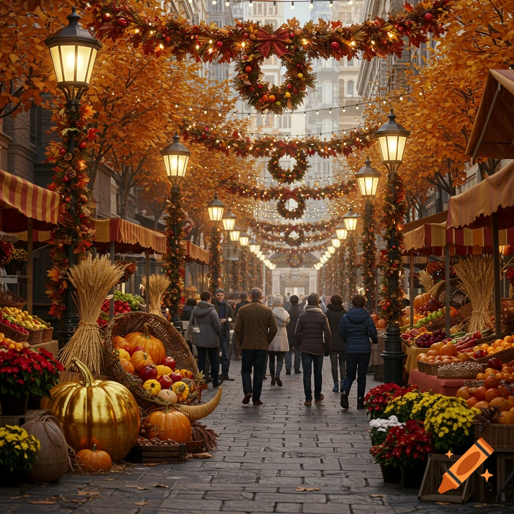 Photorealistic street market bustling with people, decorated for Thanksgiving with autumn leaves, lights, wreaths, and harvest produce.