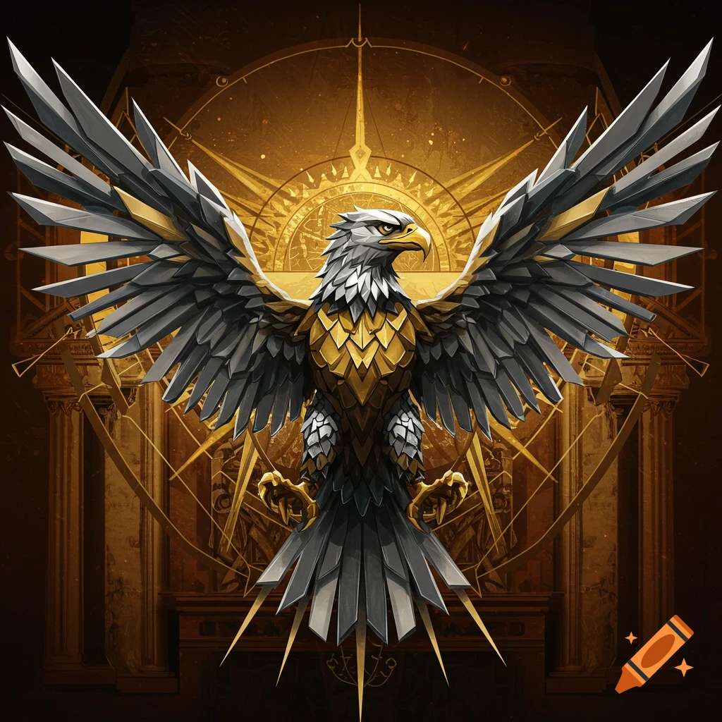 A stylized gold and silver eagle with outstretched wings against a golden compass-like background.
