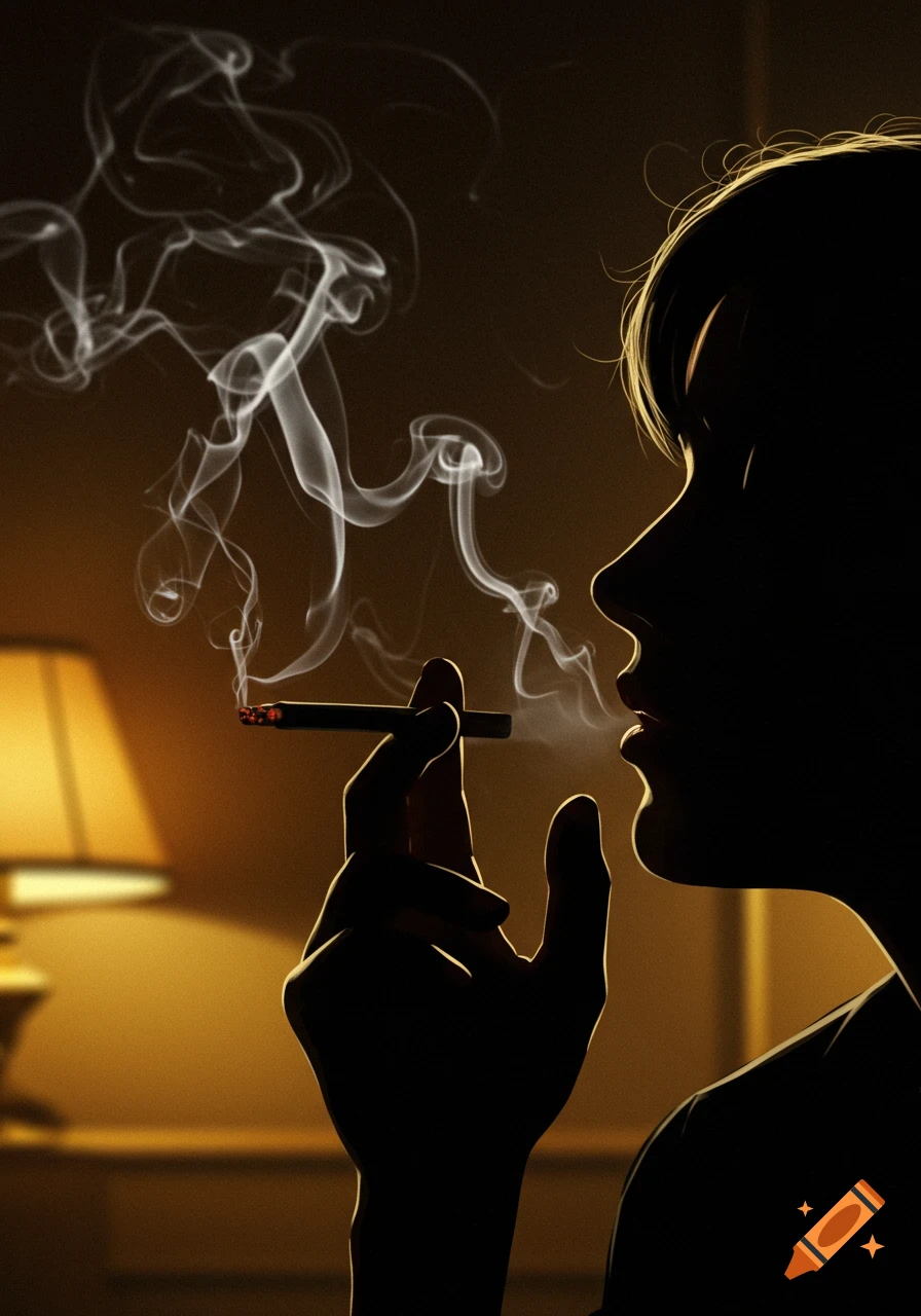 A stylized silhouette of a person smoking a cigarette, with white smoke rising in a dark, warm-lit room.
