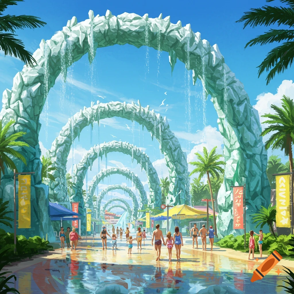 A vibrant drawing of a water park with multiple archways, waterfalls, palm trees, and many people enjoying the sunny facilities.