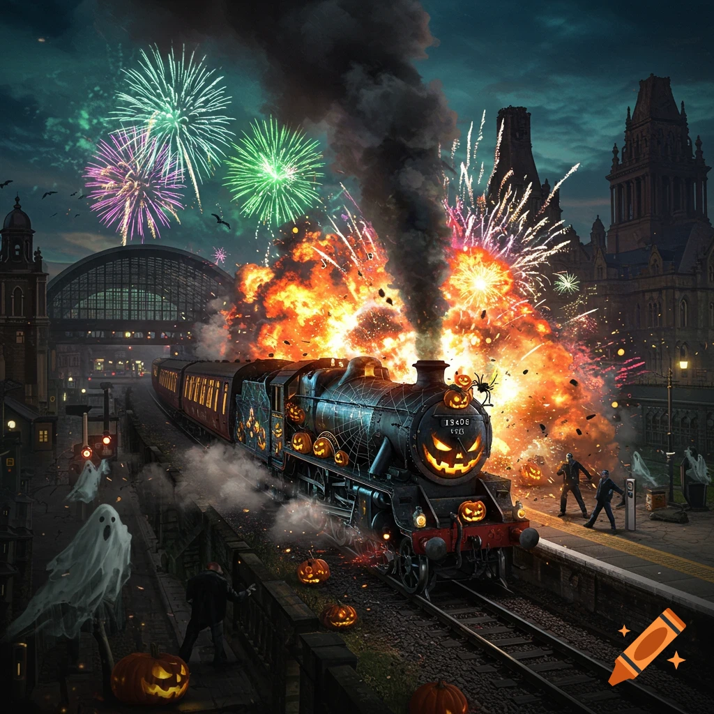 A Halloween-themed train with pumpkin faces and spiders crashes at a station, causing an explosion and fireworks, with ghosts and pumpkins around.