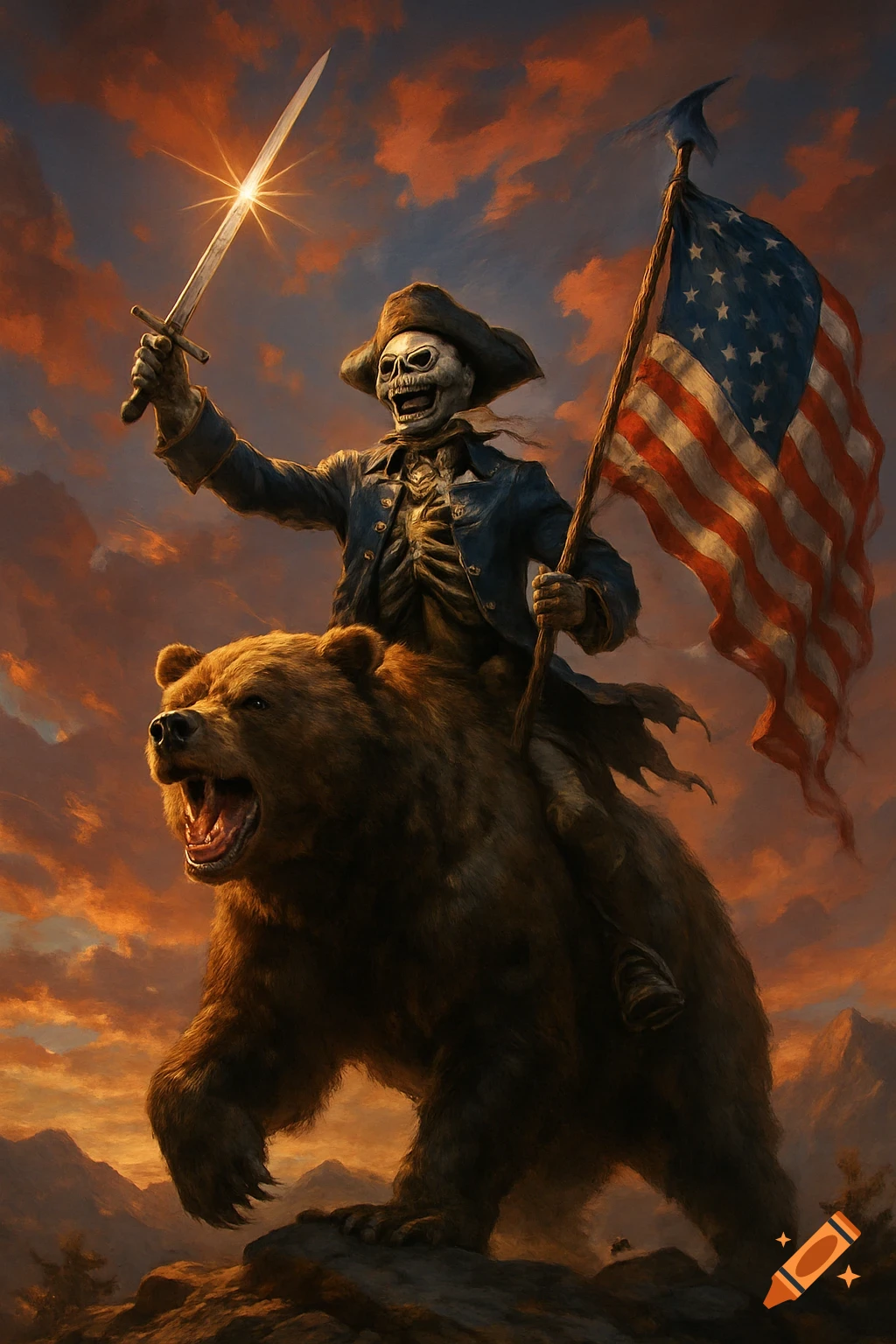 A skeletal figure in a colonial hat rides a roaring bear, holding a sword aloft and an American flag, against an epic sunset.