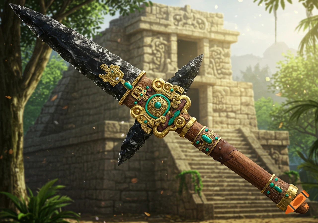 A highly detailed gold and obsidian macuahuitl with turquoise adornments, in front of an ancient stone temple in a jungle.