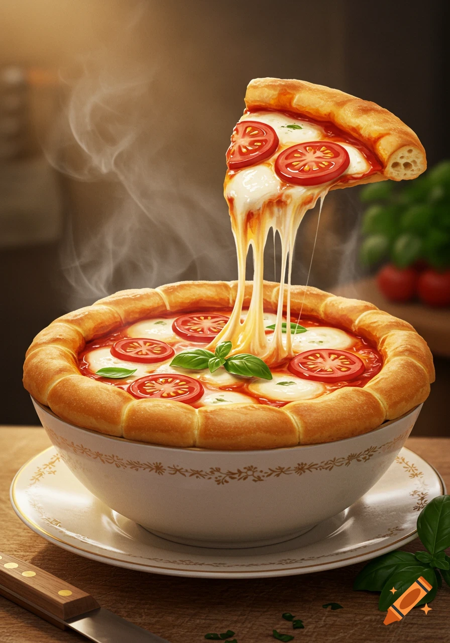 A steaming, cheesy pizza served in a soup bowl with a slice being pulled up, showing melted cheese strings.