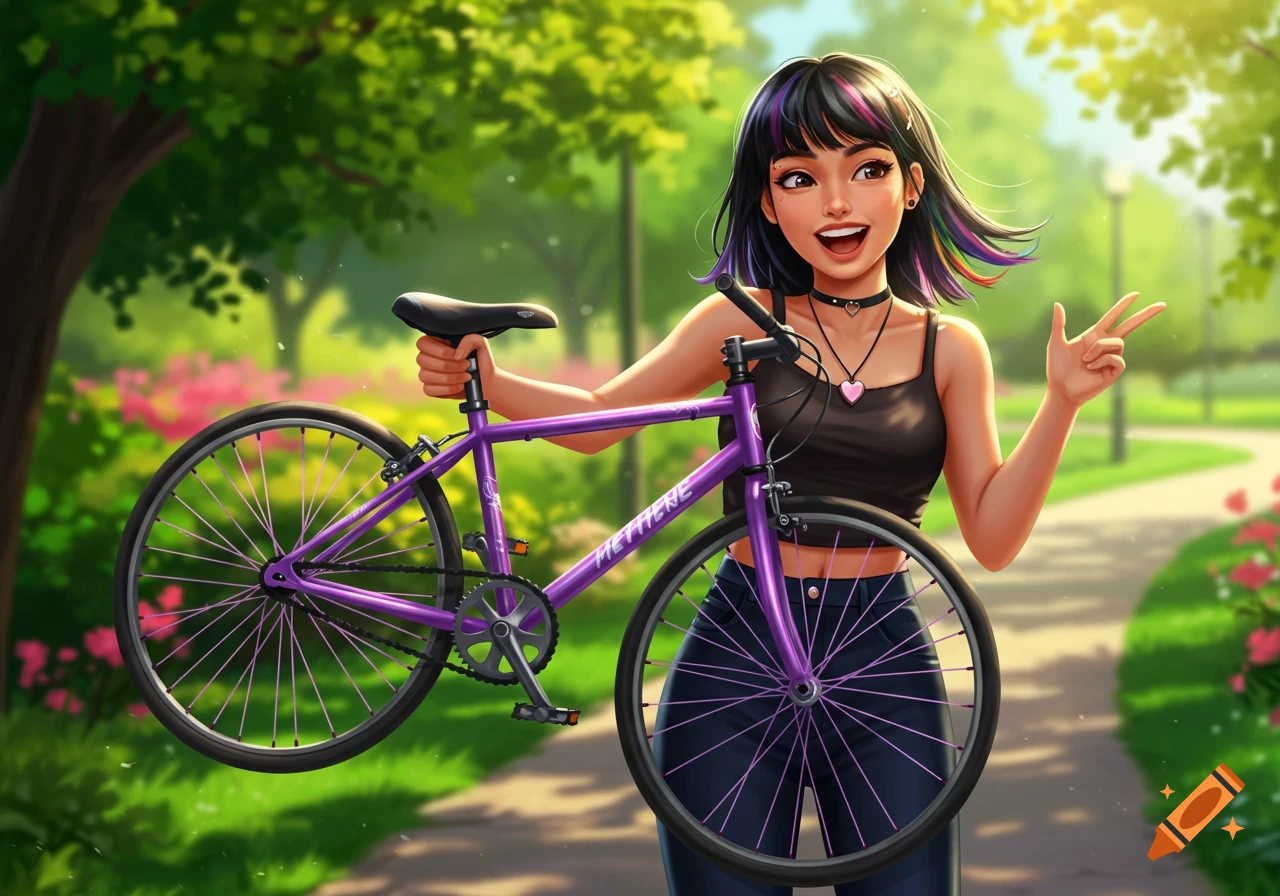 A smiling young woman with rainbow-strestreaked hair holds a new purple bike and makes a peace sign in a sunny park. Digital art.