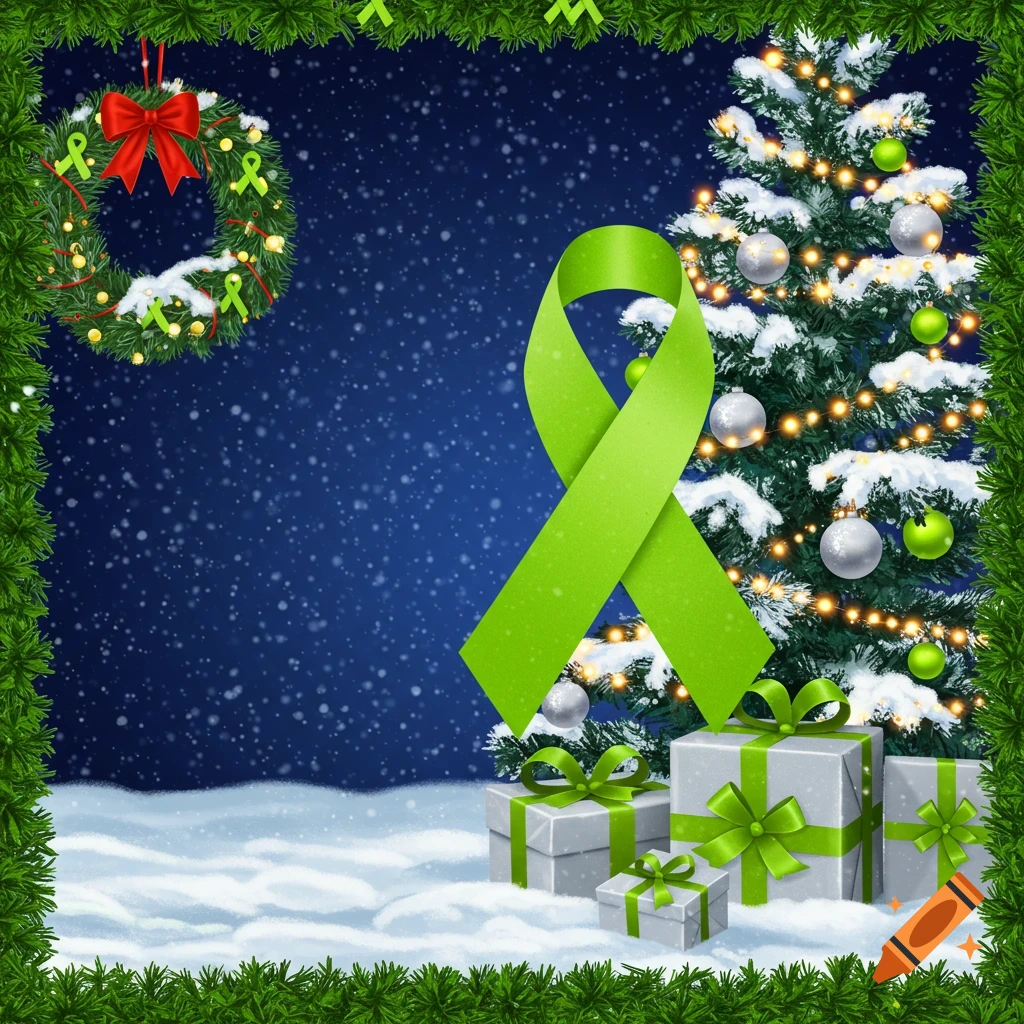 A festive Christmas scene with a large lime green awareness ribbon, a snow-covered Christmas tree, gifts, and a wreath.