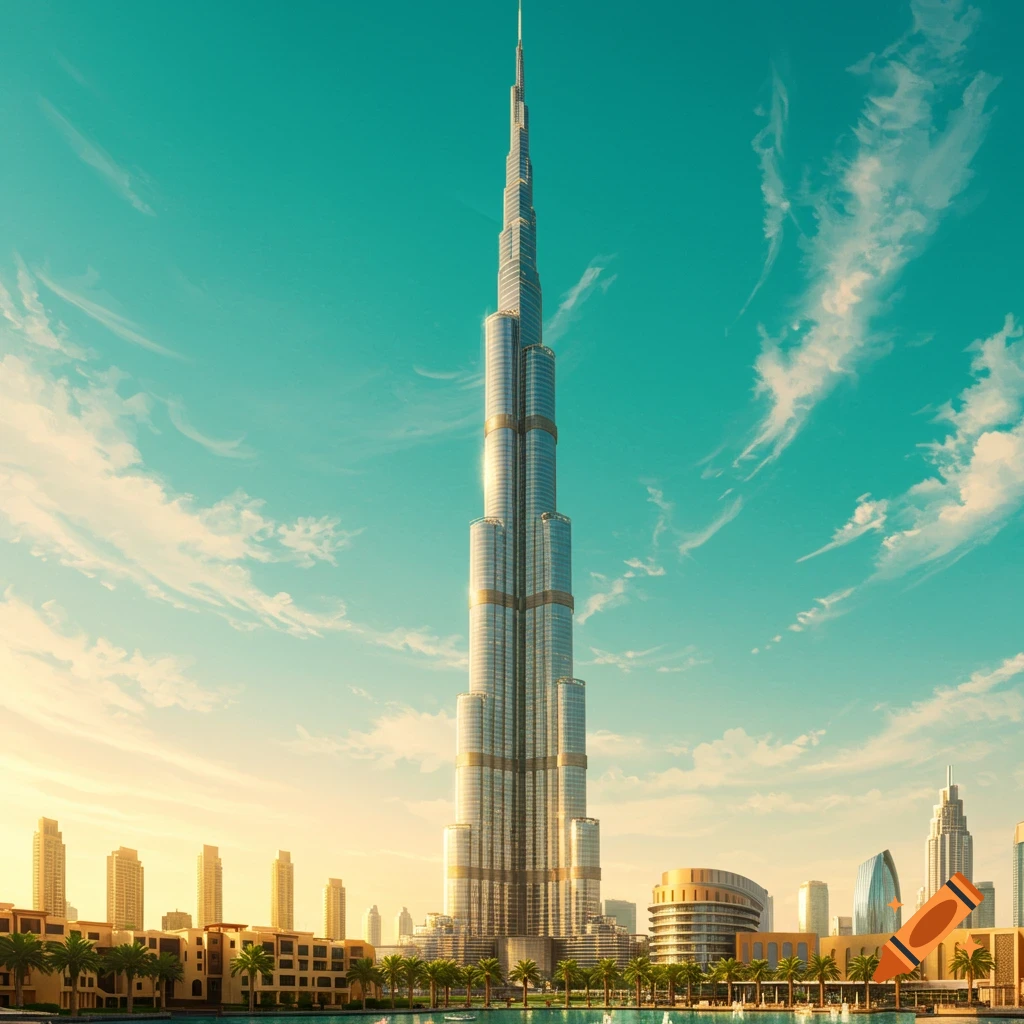 Photorealistic view of the towering Burj Khalifa skyscraper against a vibrant blue and orange sky, surrounded by other buildings, water, and palm trees.