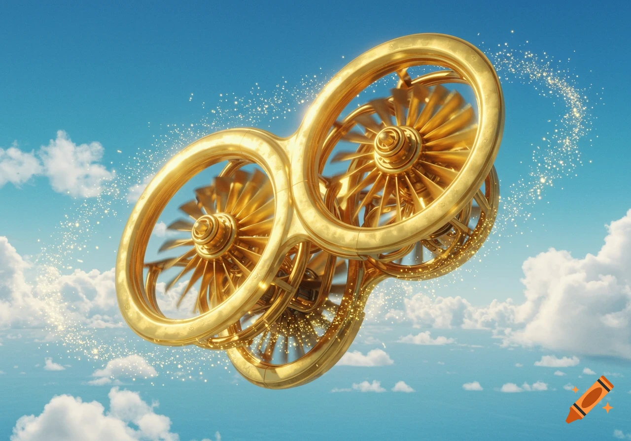 A golden, ornate double-turbine-like structure with sparkling trails floats in a bright blue sky with white clouds.