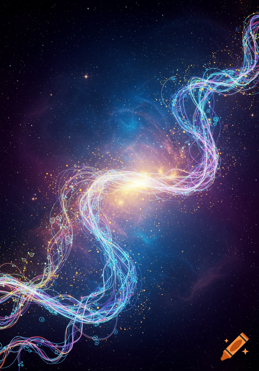 Abstract image of bright, colorful light trails resembling energy or data in a starry, dark blue space with a central glow.