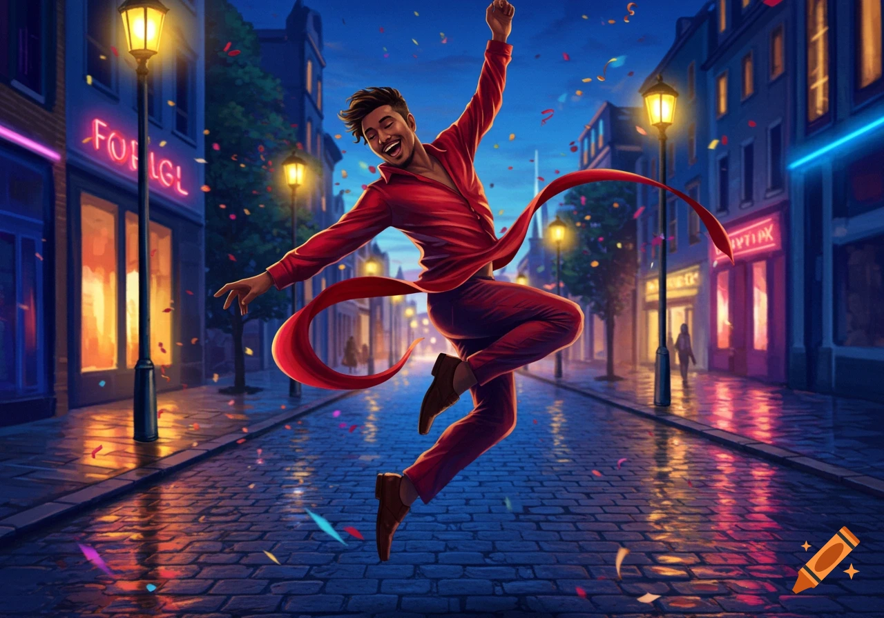 Vibrant digital illustration of a joyful man in red dancing in a ...