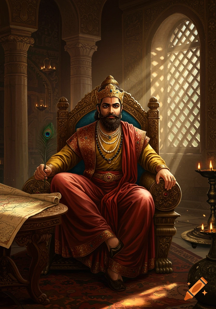 A regal king in elaborate robes and a golden crown sits on a throne ...