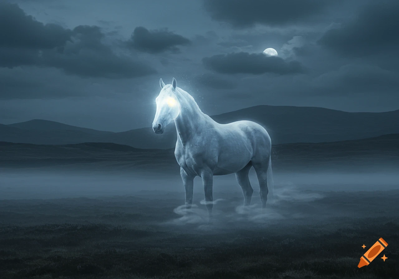 An ethereal white ghost horse with glowing eyes stands in a misty, moonlit Scottish moor under a dark, cloudy sky with distant hills.