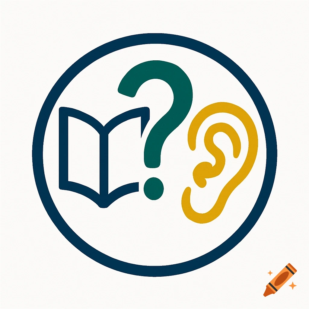 A circular logo with a blue open book, a green question mark, and a yellow ear on a white background.