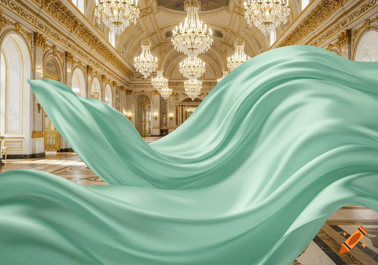 A flowing mint-colored fabric gracefully draped across a lavish, ornate hall with numerous glittering chandeliers.
