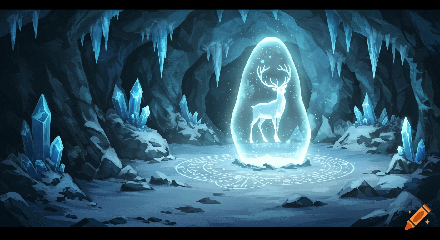 A glowing white deer in a magical barrier stands in a dark ice cave filled with blue crystals, icicles, and glowing runes on the snowy ground.
