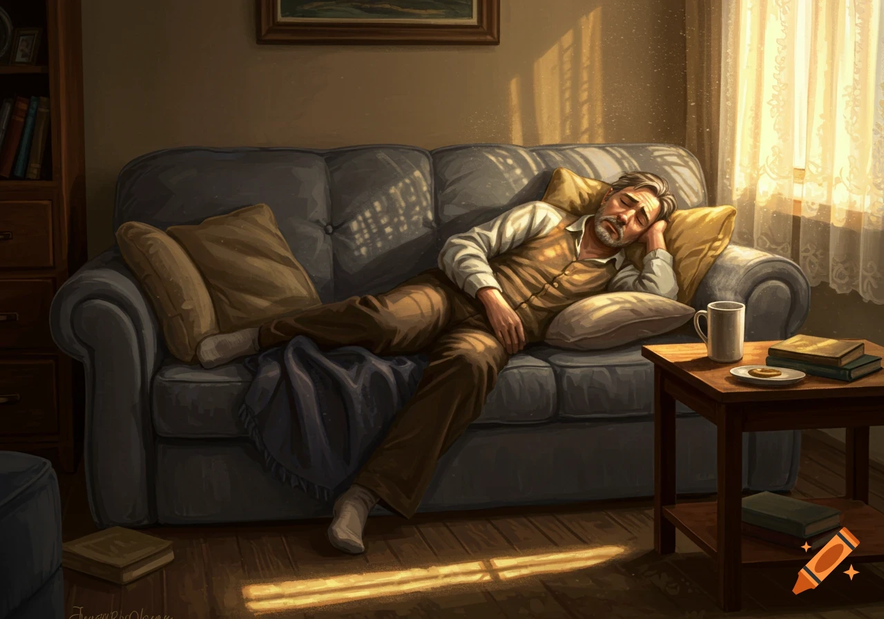 An old man with a beard sleeps peacefully on a gray sofa, bathed in warm sunlight streaming through a window.