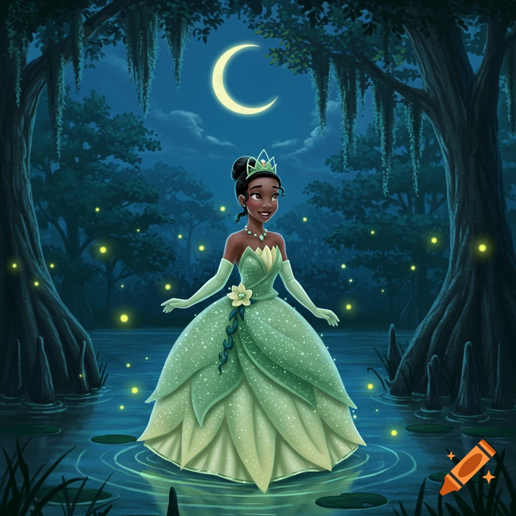 Princess Tiana in a shimmering green gown stands in a moonlit swamp with fireflies.