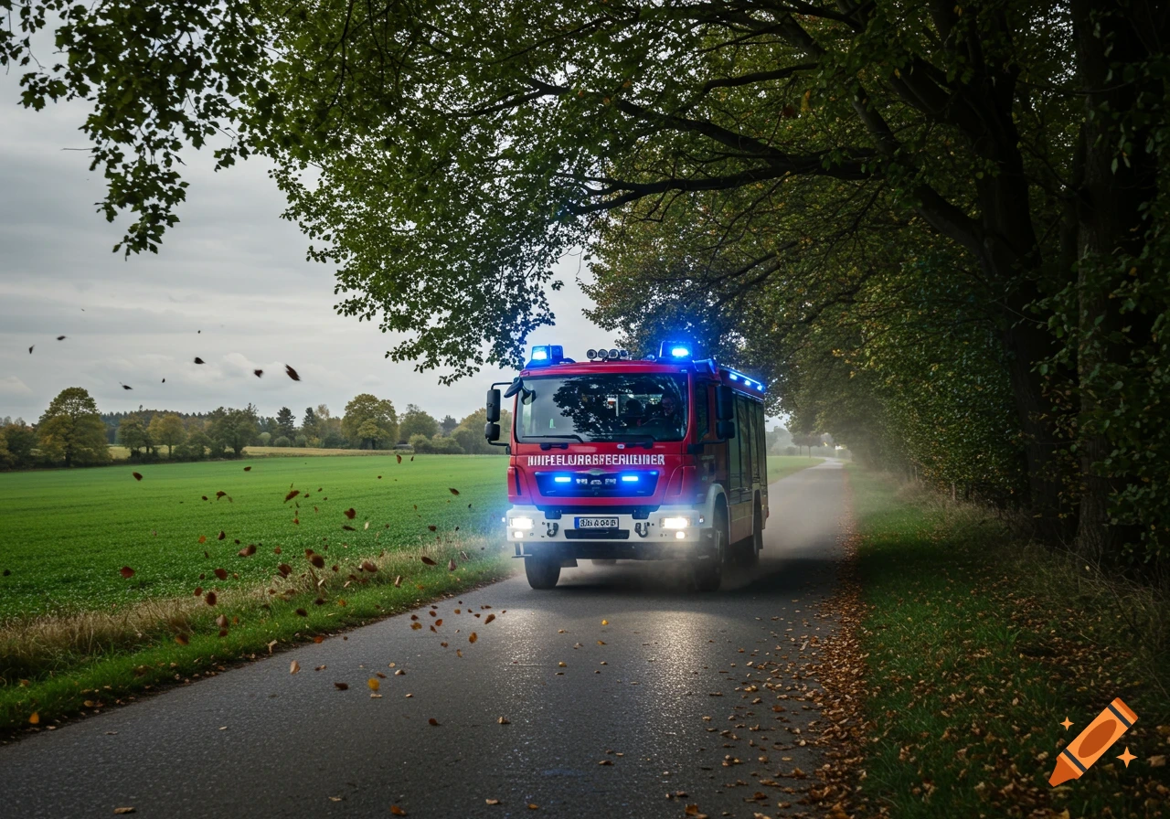 Red fire truck with flashing blue lights driving down a country road, surrounded by autumn trees and green fields, with leaves falling.