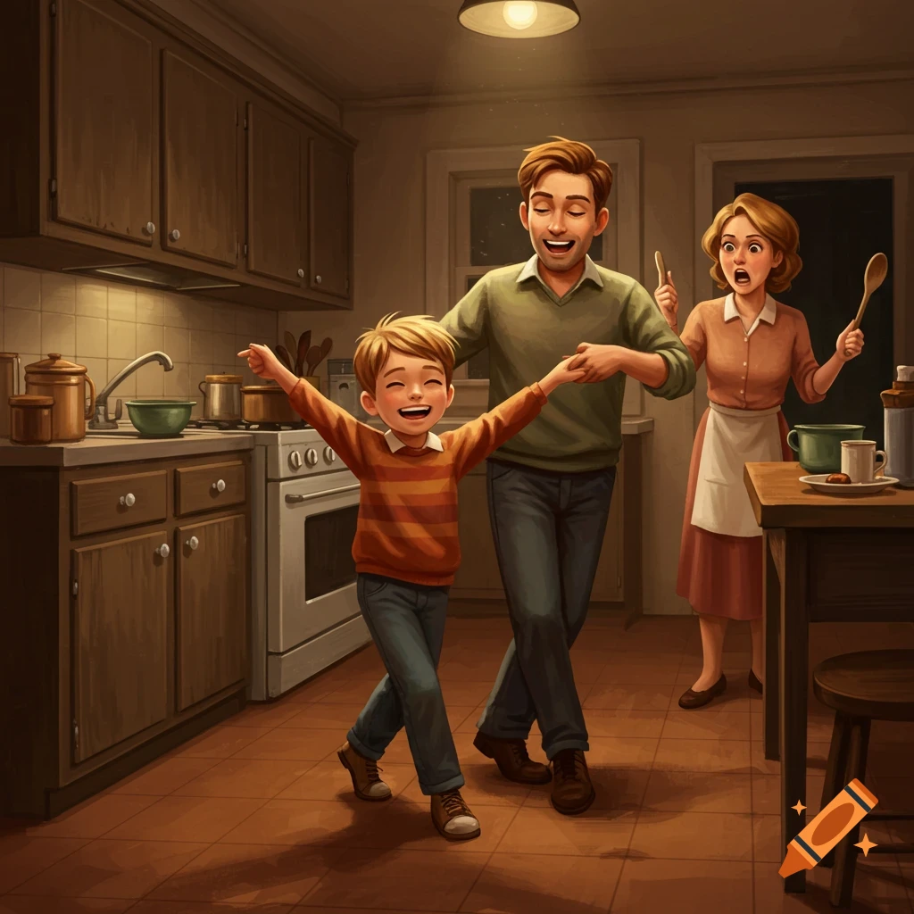 An illustration of a smiling father and son dancing in a kitchen while the mother yells in the background.