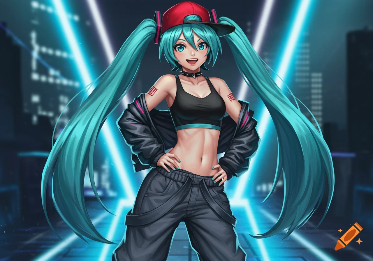 Anime character Hatsune Miku in a red cap, black sports bra, and baggy grey pants, posing in a neon-lit city street illustration.